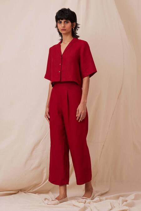Shop_The Summer House_Red Linen Collared Clyde Solid Shirt And Trouser Co-ord Set_Online_at_Aza_Fashions