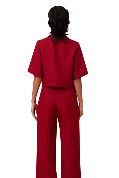 The Summer House_Red Linen Collared Clyde Solid Shirt And Trouser Co-ord Set_at_Aza_Fashions