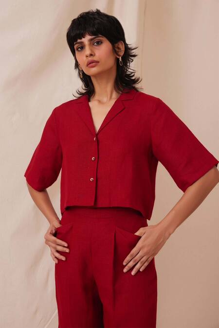 Buy_The Summer House_Red Linen Collared Clyde Solid Shirt And Trouser Co-ord Set