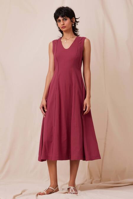 The Summer House Maroon Cotton Round Neck Emy Solid Flared Dress Online at Aza Fashions The Summer House_Maroon Cotton Round Neck Emy Solid Flared Dress _Online_at_Aza_Fashions