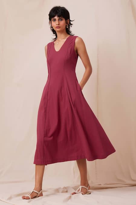 Shop The Summer House Maroon Cotton Round Neck Emy Solid Flared Dress Online at Aza Fashions Shop_The Summer House_Maroon Cotton Round Neck Emy Solid Flared Dress _Online_at_Aza_Fashions