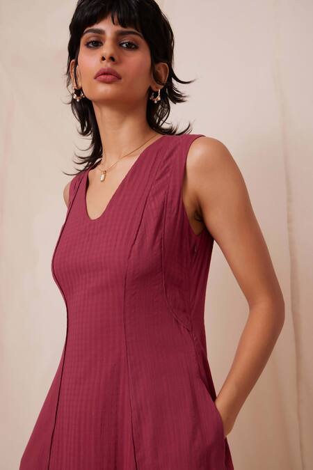 The Summer House Maroon Cotton Round Neck Emy Solid Flared Dress at Aza Fashions The Summer House_Maroon Cotton Round Neck Emy Solid Flared Dress _at_Aza_Fashions
