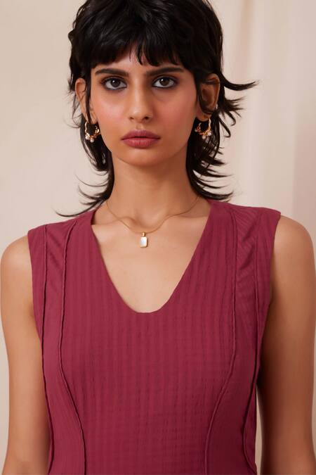 Buy The Summer House Maroon Cotton Round Neck Emy Solid Flared Dress Buy_The Summer House_Maroon Cotton Round Neck Emy Solid Flared Dress