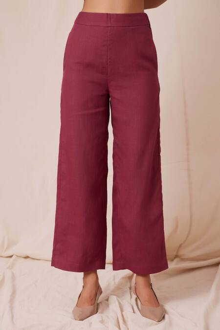 Buy_The Summer House_Maroon Linen Flori Solid Trouser_Online_at_Aza_Fashions