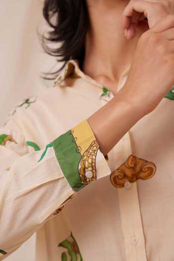 The Summer House_Beige Cotton, Voile Collared Joyce Carnival Print Oversized Shirt_Online_at_Aza_Fashions
