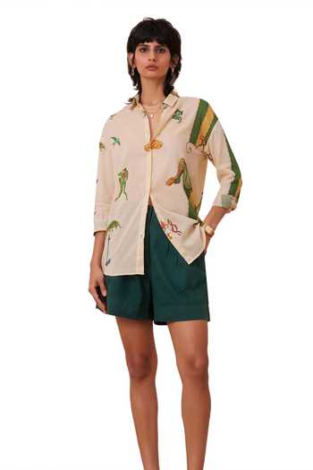 Buy_The Summer House_Beige Cotton, Voile Collared Joyce Carnival Print Oversized Shirt_Online_at_Aza_Fashions
