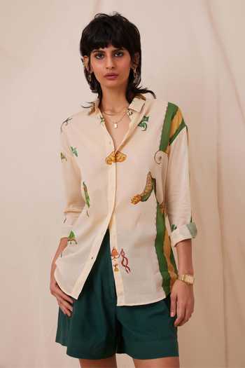 Shop_The Summer House_Beige Cotton, Voile Collared Joyce Carnival Print Oversized Shirt_Online_at_Aza_Fashions