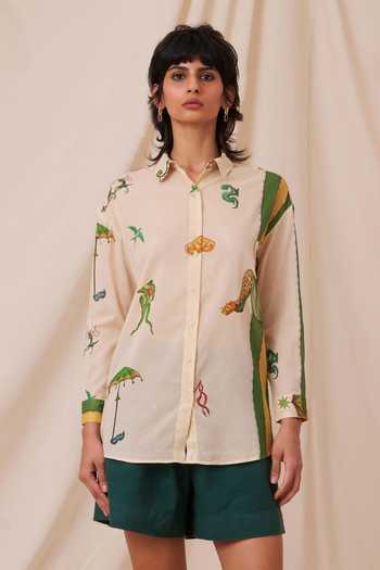 The Summer House_Beige Cotton, Voile Collared Joyce Carnival Print Oversized Shirt_at_Aza_Fashions