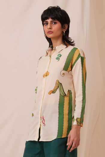 Buy_The Summer House_Beige Cotton, Voile Collared Joyce Carnival Print Oversized Shirt