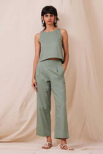 The Summer House Green Cotton Round Neck Kifli Solid Top And Pant Co-ord Set Online at Aza Fashions The Summer House_Green Cotton Round Neck Kifli Solid Top And Pant Co-ord Set_Online_at_Aza_Fashions