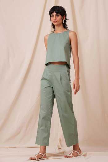 Buy The Summer House Green Cotton Round Neck Kifli Solid Top And Pant Co-ord Set Online at Aza Fashions Buy_The Summer House_Green Cotton Round Neck Kifli Solid Top And Pant Co-ord Set_Online_at_Aza_Fashions