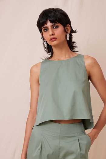Shop The Summer House Green Cotton Round Neck Kifli Solid Top And Pant Co-ord Set Online at Aza Fashions Shop_The Summer House_Green Cotton Round Neck Kifli Solid Top And Pant Co-ord Set_Online_at_Aza_Fashions
