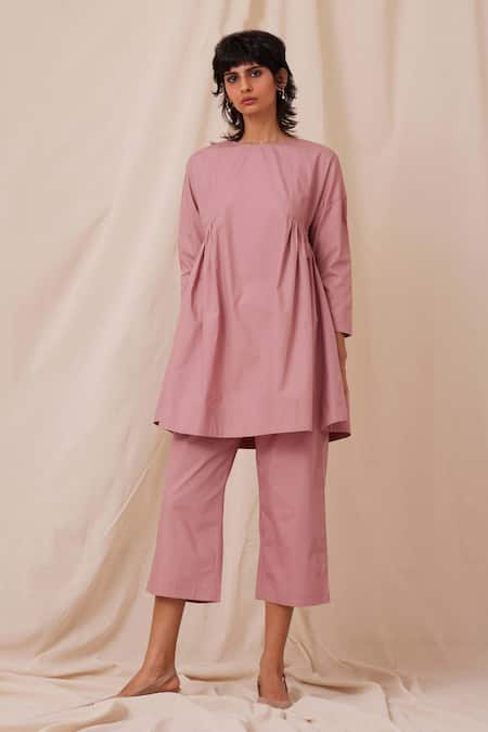 The Summer House Pink Cotton Solid Round Natsu Tunic And Pant Co-ord Set 