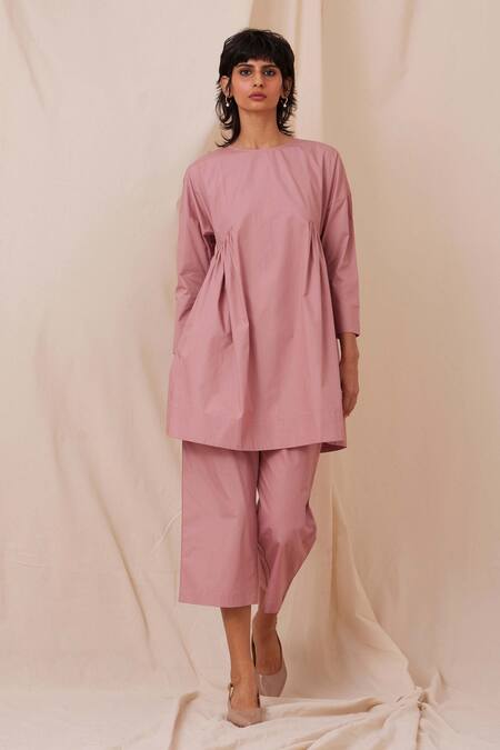 Buy The Summer House Pink Cotton Round Neck Natsu Solid Tunic And Pant Co-ord Set Online at Aza Fashions Buy_The Summer House_Pink Cotton Round Neck Natsu Solid Tunic And Pant Co-ord Set_Online_at_Aza_Fashions