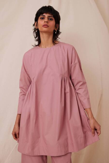 Shop The Summer House Pink Cotton Round Neck Natsu Solid Tunic And Pant Co-ord Set Online at Aza Fashions Shop_The Summer House_Pink Cotton Round Neck Natsu Solid Tunic And Pant Co-ord Set_Online_at_Aza_Fashions
