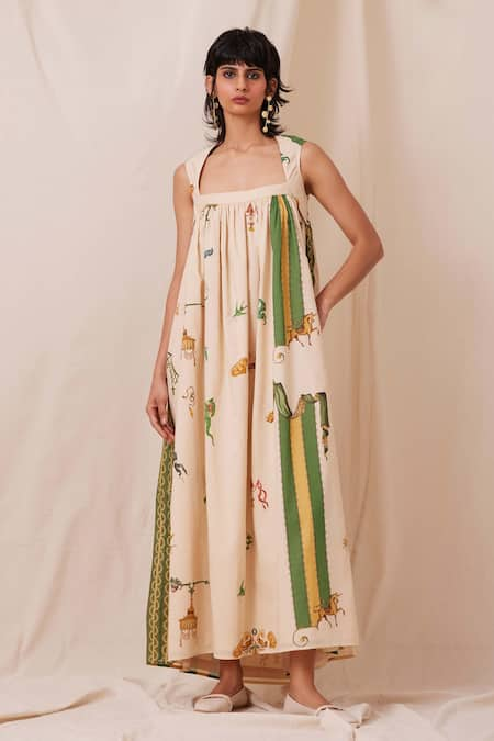 The Summer House Beige Organic Cotton Voile Printed Carnival Square Neck Selma Maxi Dress 