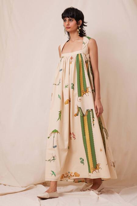The Summer House_Beige Cotton, Voile Square Neck Selma Carnival Print Maxi Dress_Online_at_Aza_Fashions