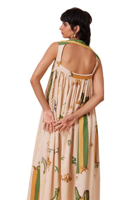 The Summer House_Beige Cotton, Voile Square Neck Selma Carnival Print Maxi Dress_at_Aza_Fashions