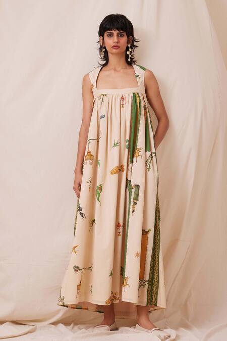 Buy_The Summer House_Beige Cotton, Voile Square Neck Selma Carnival Print Maxi Dress