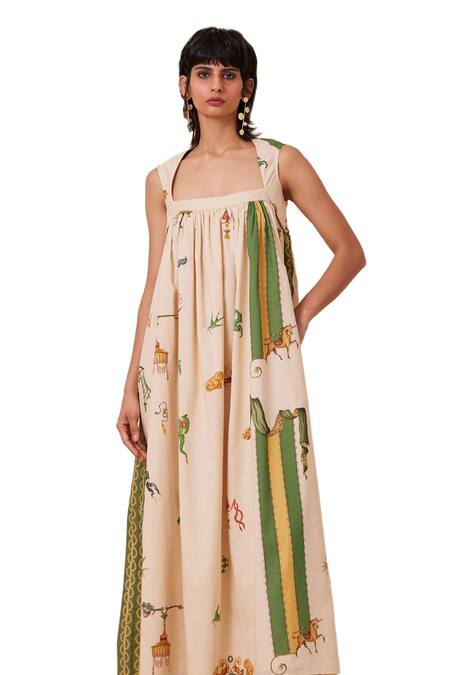 Shop_The Summer House_Beige Cotton, Voile Square Neck Selma Carnival Print Maxi Dress