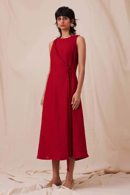 Buy_The Summer House_Red Linen Round Neck Yola Solid Dress_Online_at_Aza_Fashions