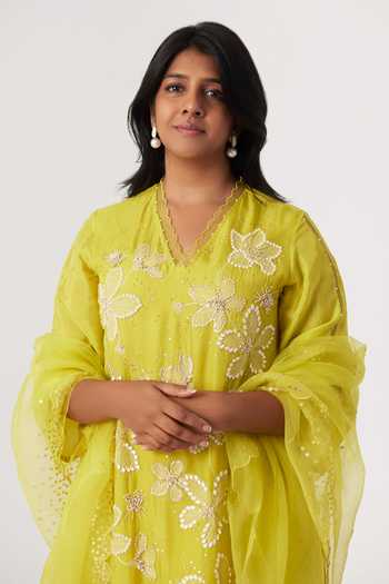 Shop One Not Two Yellow Viscose, Silk, Modal, Satin Sequins, Embroidered A-line Kurta With Pant at Aza Fashions Shop_One Not Two_Yellow Viscose, Silk, Modal, Satin Sequins, Embroidered A-line Kurta With Pant _at_Aza_Fashions