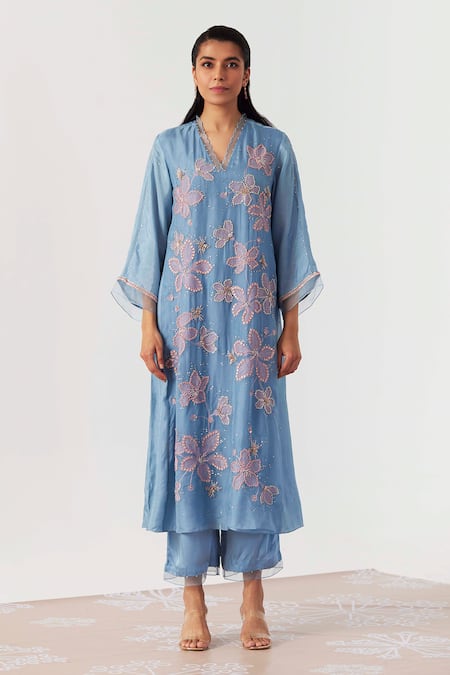 Buy One Not Two Blue Viscose, Silk, Modal, Satin Sequins, Beads Embroidered Kurta With Pant at Aza Fashions Buy_One Not Two_Blue Viscose, Silk, Modal, Satin Sequins, Beads Embroidered Kurta With Pant _at_Aza_Fashions
