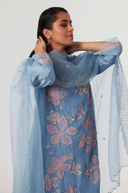 Shop One Not Two Blue Viscose, Silk, Modal, Satin Sequins, Beads Embroidered Kurta With Pant at Aza Fashions Shop_One Not Two_Blue Viscose, Silk, Modal, Satin Sequins, Beads Embroidered Kurta With Pant _at_Aza_Fashions