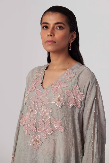 One Not Two_Grey Viscose, Silk, Modal, Satin Sequins, Beads, A-line Kurta And Pant Set _Online_at_Aza_Fashions