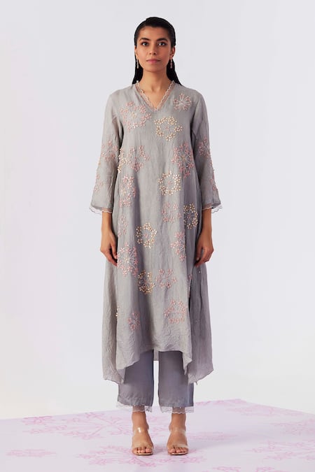 Shop One Not Two Grey Viscose, Silk, Modal, Satin Sequins, Beads, Embroidery Kurta And Pant Set at Aza Fashions Shop_One Not Two_Grey Viscose, Silk, Modal, Satin Sequins, Beads, Embroidery Kurta And Pant Set _at_Aza_Fashions