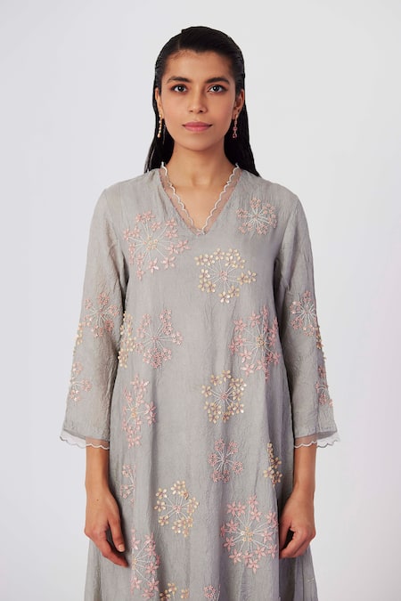 One Not Two Grey Viscose, Silk, Modal, Satin Sequins, Beads, Embroidery Kurta And Pant Set Online at Aza Fashions One Not Two_Grey Viscose, Silk, Modal, Satin Sequins, Beads, Embroidery Kurta And Pant Set _Online_at_Aza_Fashions