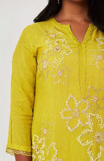 Shop One Not Two Yellow Viscose, Silk, Modal, Satin Sequins, Embroidered A-line Kurta With Pant at Aza Fashions Shop_One Not Two_Yellow Viscose, Silk, Modal, Satin Sequins, Embroidered A-line Kurta With Pant _at_Aza_Fashions