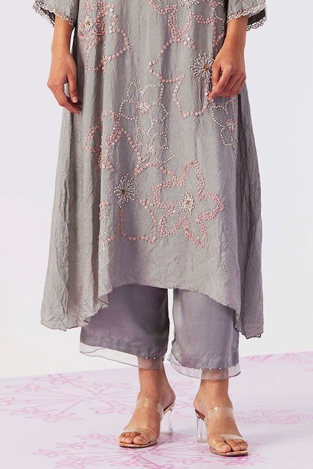 One Not Two_Grey Viscose, Silk, Modal, Satin Sequins, Embroidered A-line Kurta With Pant _Online_at_Aza_Fashions