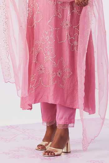 One Not Two Pink Viscose, Silk, Modal, Satin Sequins, Embroidered A-line Kurta And Pant Set Online at Aza Fashions One Not Two_Pink Viscose, Silk, Modal, Satin Sequins, Embroidered A-line Kurta And Pant Set _Online_at_Aza_Fashions