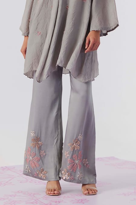One Not Two_Grey Viscose, Silk, Modal, Satin Floral Embroidered Tunic With Bell Bottom Pant _Online_at_Aza_Fashions