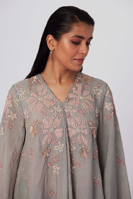 Buy_One Not Two_Grey Viscose, Silk, Modal, Satin Floral Embroidered Tunic With Bell Bottom Pant _Online_at_Aza_Fashions