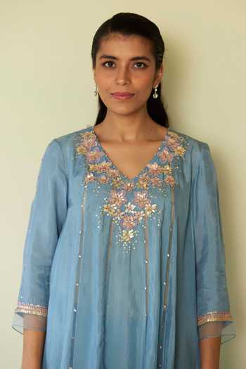 Buy One Not Two Blue Viscose, Silk, Modal, Satin Beads, 3d Floral A-line Kurta With Pant Online at Aza Fashions Buy_One Not Two_Blue Viscose, Silk, Modal, Satin Beads, 3d Floral A-line Kurta With Pant _Online_at_Aza_Fashions
