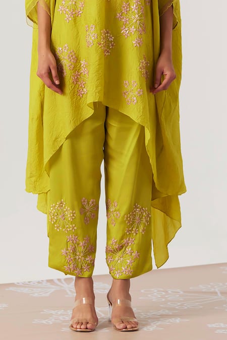 One Not Two_Yellow Kaftan Viscose Silk Embroidered Sequin V-neck Floral With Pant _Online_at_Aza_Fashions