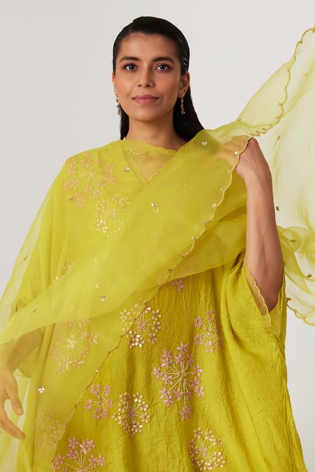 Buy_One Not Two_Yellow Kaftan Viscose Silk Embroidered Sequin V-neck Floral With Pant _Online_at_Aza_Fashions