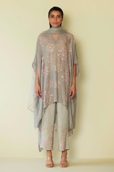 One Not Two Floral Embroidered Asymmetric Kaftan With Pant 