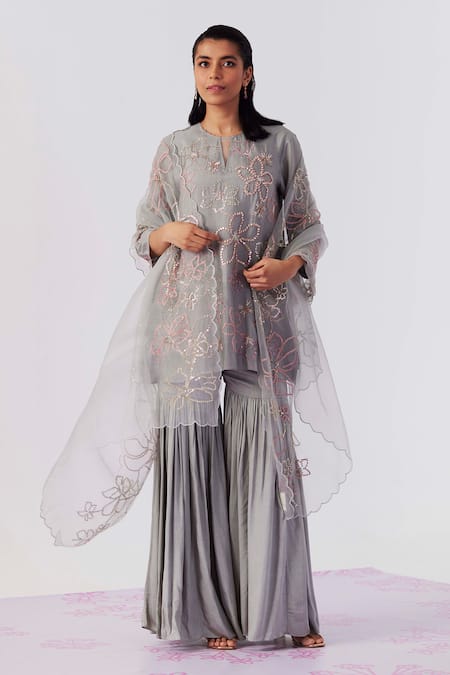 One Not Two Floral Embroidered Flared Kurta With Saharara 