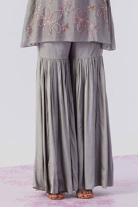 One Not Two_Grey Viscose, Modal, Satin Floral Embroidered Flared Kurta With Saharara _Online_at_Aza_Fashions