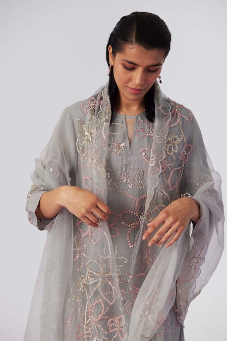 Buy_One Not Two_Grey Viscose, Modal, Satin Floral Embroidered Flared Kurta With Saharara _Online_at_Aza_Fashions
