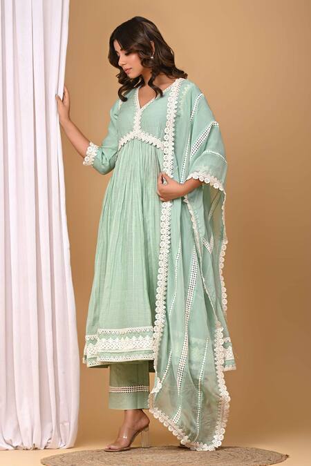 Gulabik Jaipur_Green Chanderi, Handloom Cotton Lace V-neck Embellished Anarkali And Pant Set _Online_at_Aza_Fashions