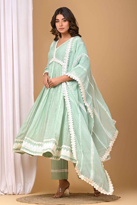 Buy_Gulabik Jaipur_Green Chanderi, Handloom Cotton Lace V-neck Embellished Anarkali And Pant Set _Online_at_Aza_Fashions