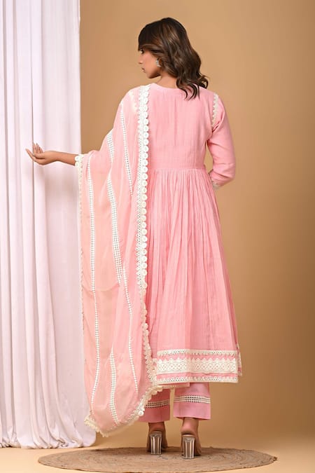 Shop_Gulabik Jaipur_Green Handloom Cotton, Chanderi Lace V-neck Yoke Anarkali And Pant Set _at_Aza_Fashions