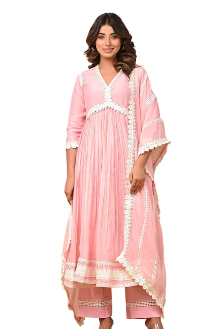 Gulabik Jaipur_Green Handloom Cotton, Chanderi Lace V-neck Yoke Anarkali And Pant Set _Online_at_Aza_Fashions