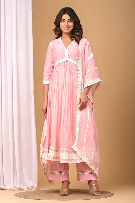 Buy_Gulabik Jaipur_Green Handloom Cotton, Chanderi Lace V-neck Yoke Anarkali And Pant Set _Online_at_Aza_Fashions