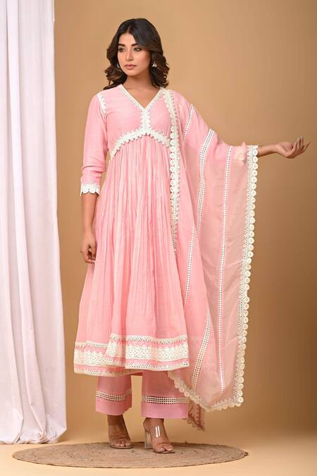 Shop_Gulabik Jaipur_Green Handloom Cotton, Chanderi Lace V-neck Yoke Anarkali And Pant Set _Online_at_Aza_Fashions