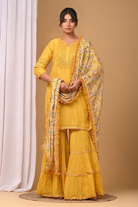 Gulabik Jaipur Yellow Handloom Chanderi Embellishment Floral Notched Kurta And Gharara Set 